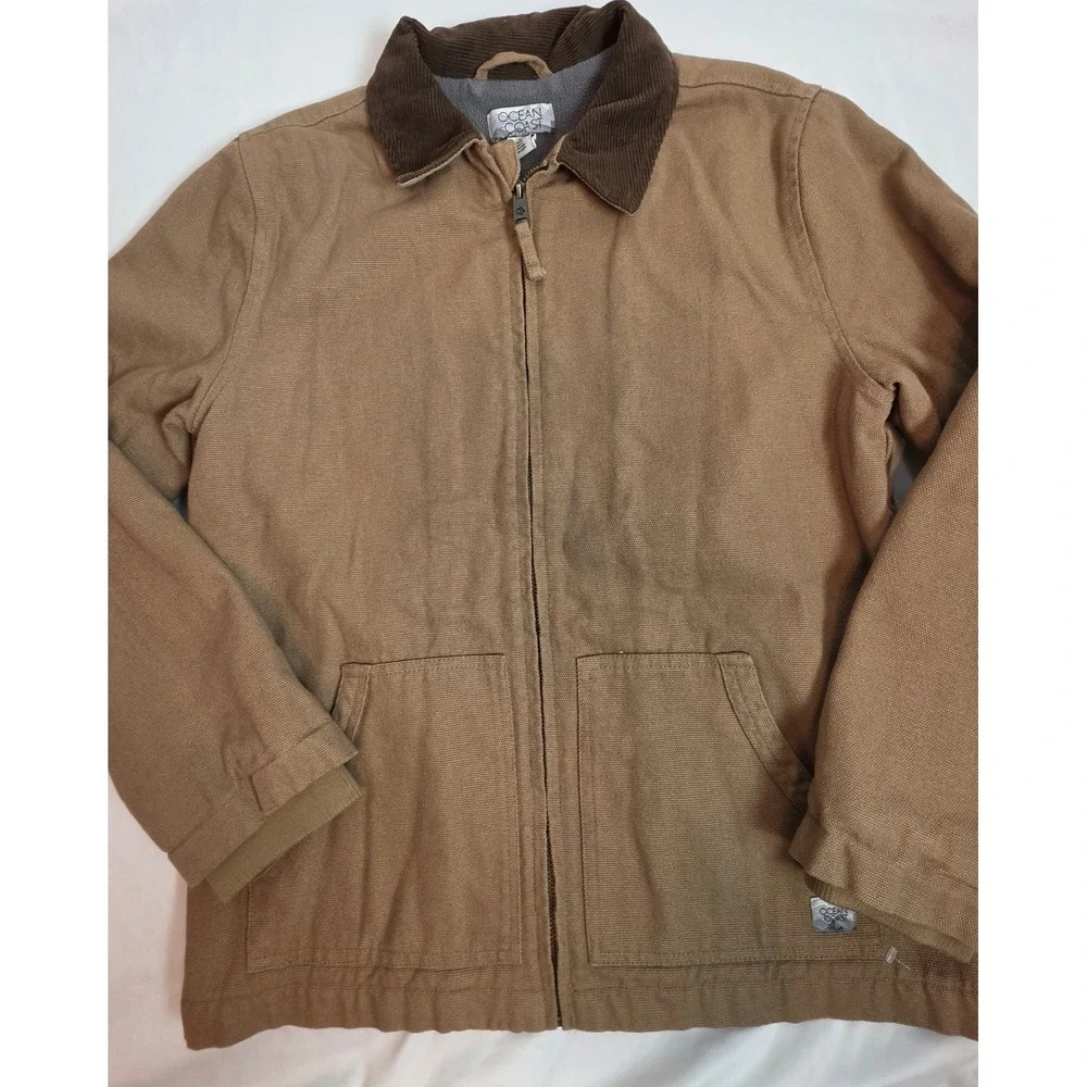 Ocean Coast Men Detroit Jacket Tan Canvas Chore Coat Fleece Lined Brown Collar L